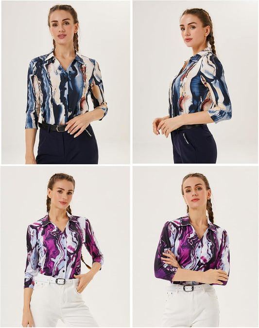 Soneven Womens Golf Polo Shirts 3/4 Long Sleeve V Neck Button Down Shirts Business Causal Work Blouses Tops