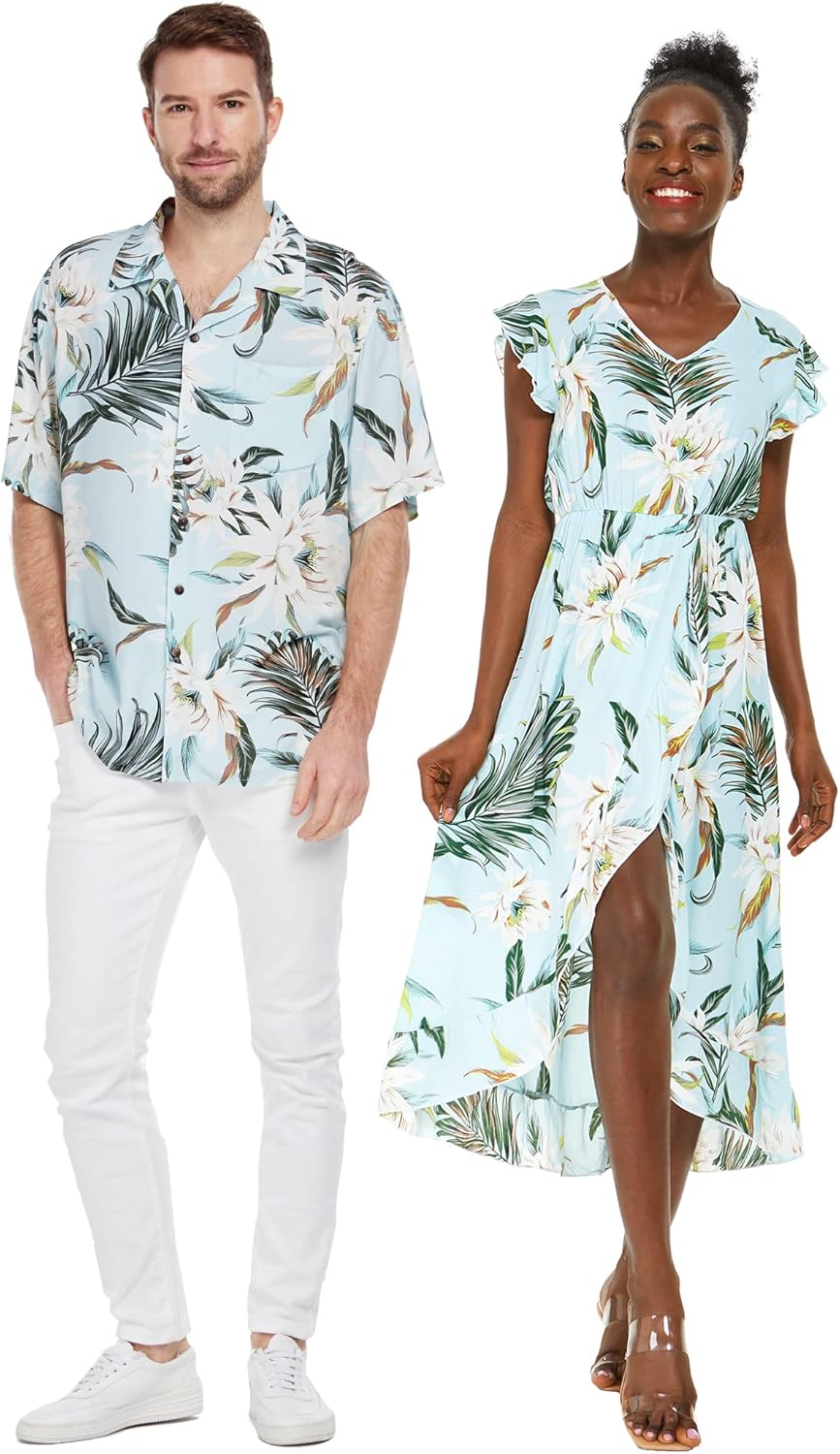 Matchable Couple Hawaiian Luau Shirt or Wrap Ruffle Dress in Wispy Cereus Light Blue