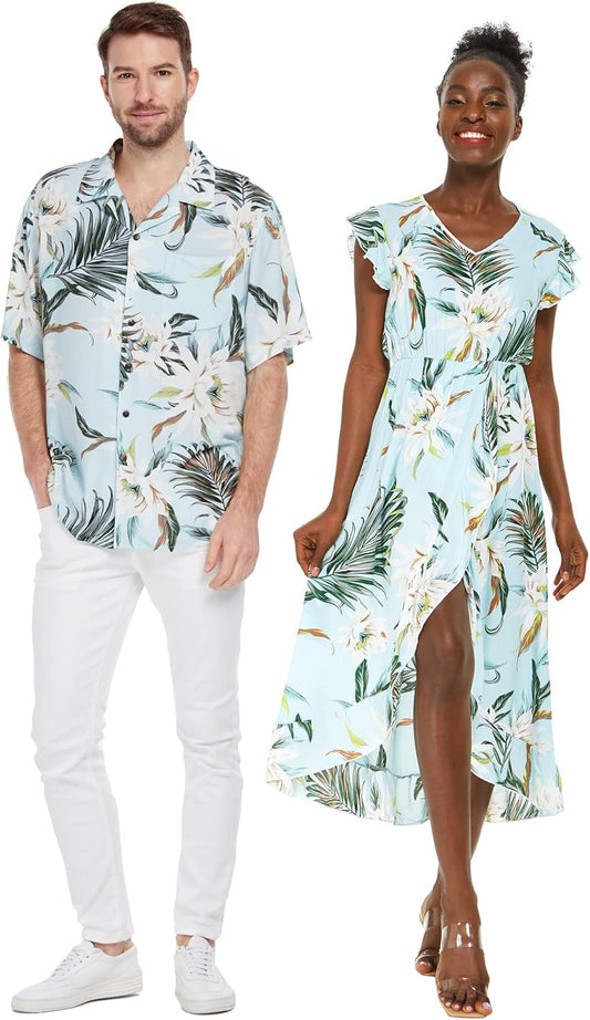 Matchable Couple Hawaiian Luau Shirt or Wrap Ruffle Dress in Wispy Cereus Light Blue