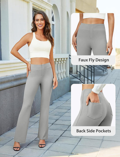 Womens Bootcut Dress Pants Business Casual Work Pants with Pockets High Waist Stretchy Trousers Pull On Office Slacks Light Grey