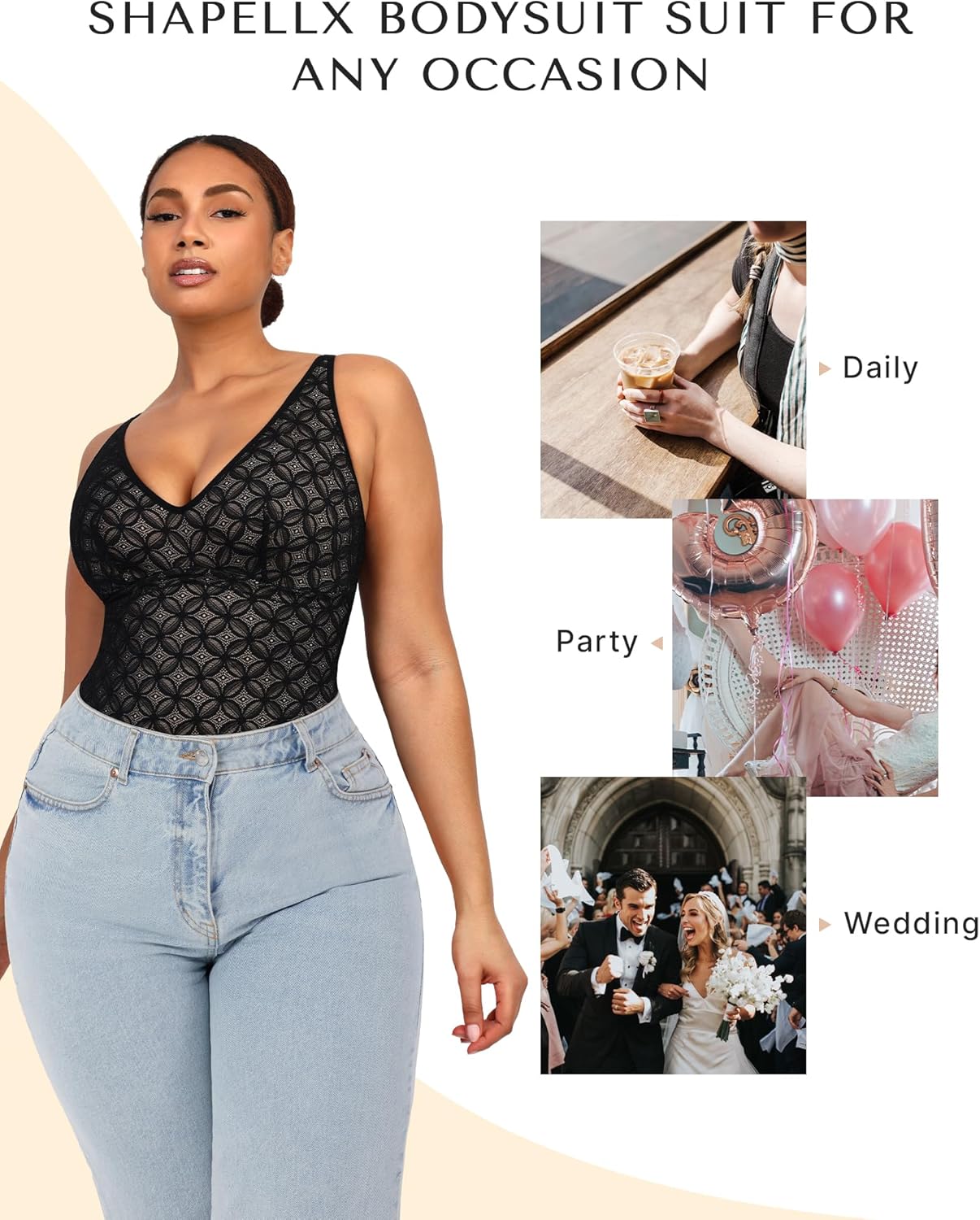 SHAPELLX Lace Body Suits for Women Tummy Control Black Thong Shapewear Bodysuit Backless Tank Top