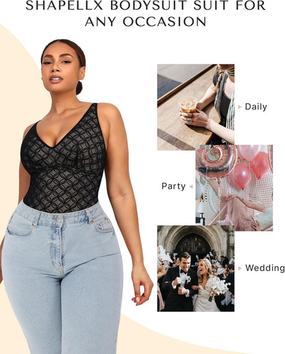 SHAPELLX Lace Body Suits for Women Tummy Control Black Thong Shapewear Bodysuit Backless Tank Top