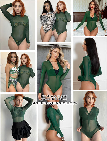 Avidlove Womens Mesh Bodysuit Long Sleeve Snap Crotch Bodysuit See Through Zipper Sheer Leotards Sexy Bodysuit Tops