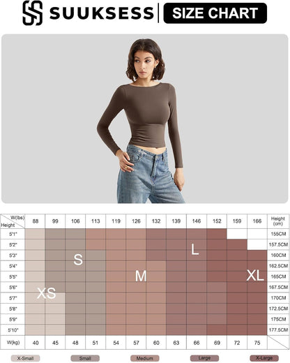 SUUKSESS Women Backless Going Out Tops Double Lined Open Back Basic Long Sleeve