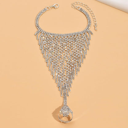 Chargances Tassle Sparkly Crystal Finger Ring Bracelet Silver Tassle Hand Chain Rhinestone Bangle Wedding Hand Harness Hand Accessories for Women (Style 2)