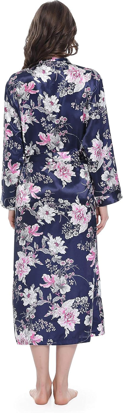 Lavenderi Women's Satin Kimono Robe - Long Classic Satin Lounge Bathrobe