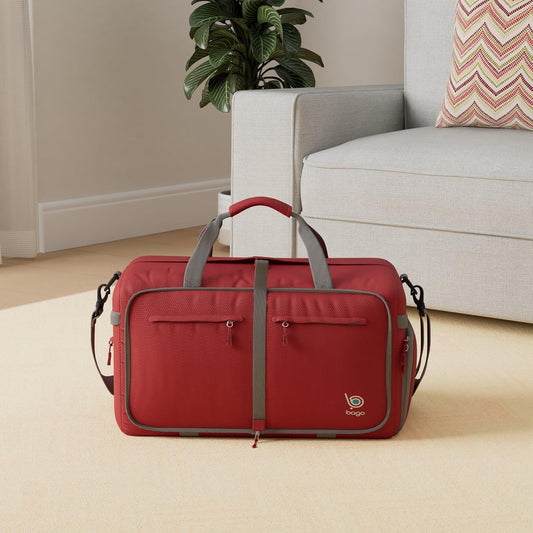 Bago Foldable Duffel Bags for Traveling Women & Men - 40L Sports Packable Duffle Bag for Travel with Shoe Compartment - Water Repellant, Heavy Duty, Lightweight Folding & Collapsible (Red)
