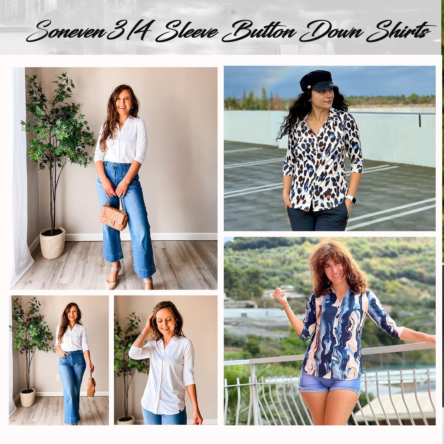 Soneven Womens Golf Polo Shirts 3/4 Long Sleeve V Neck Button Down Shirts Business Causal Work Blouses Tops