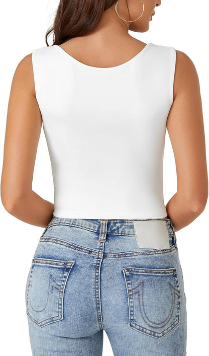 LYANER Women's Summer Crop Tops Square Neck Sleeveless Tank Top Sexy Cami Shirts White Medium