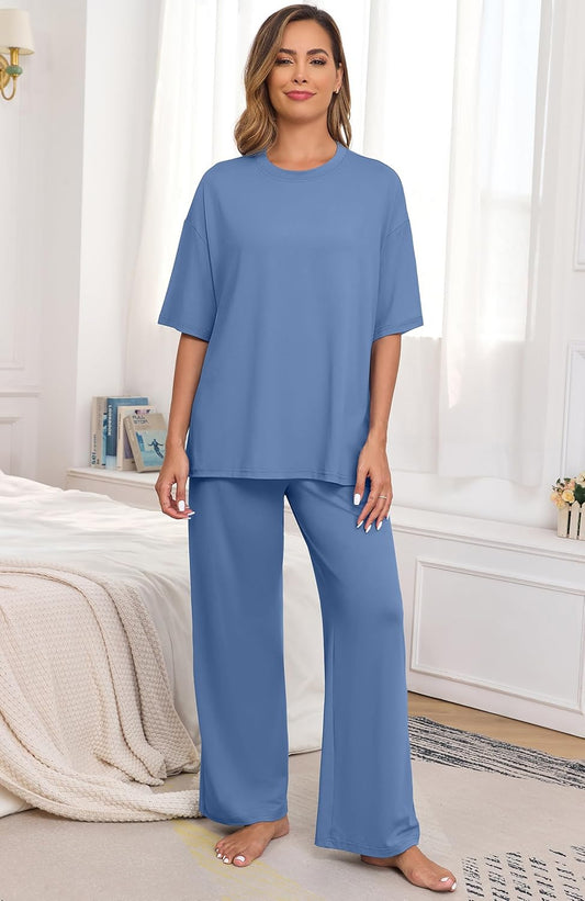 PrinStory Womens Pajamas Sets 2 Piece Lounge Set Short Sleeve Tops and Long Pants Soft Pjs Loungewear with Pockets