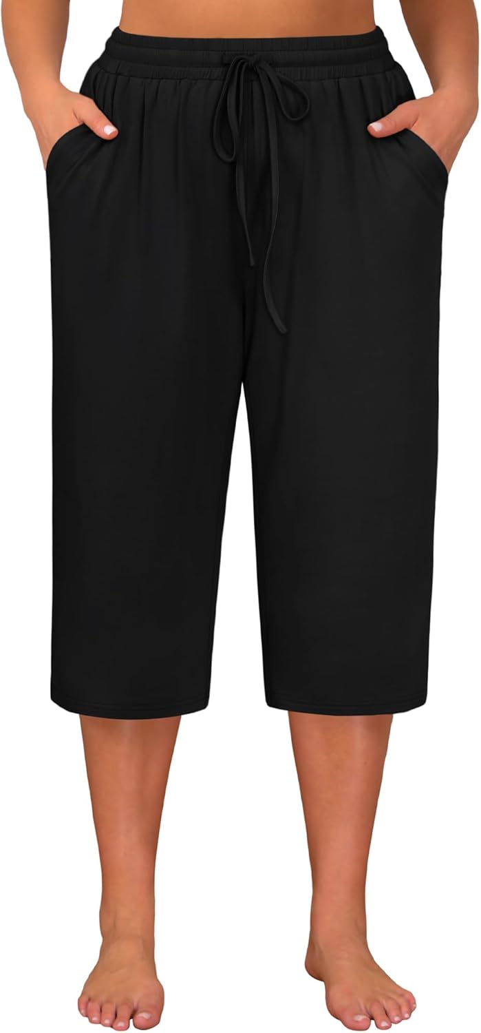 Huukeay 3 Pack Women's Plus Size Capris, Drawstring Cotton Yoga Capri Sweatpants Summer Casual Loose Cropped Pant with Pocket