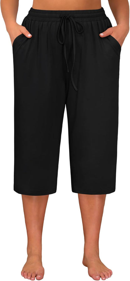 Huukeay 3 Pack Women's Plus Size Capris, Drawstring Cotton Yoga Capri Sweatpants Summer Casual Loose Cropped Pant with Pocket