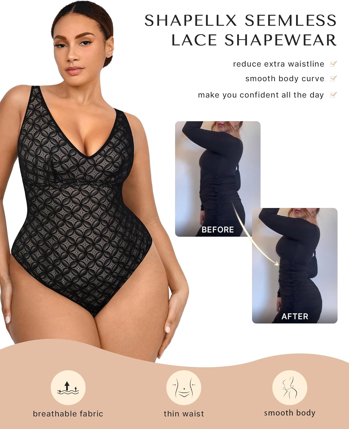 SHAPELLX Lace Body Suits for Women Tummy Control Black Thong Shapewear Bodysuit Backless Tank Top