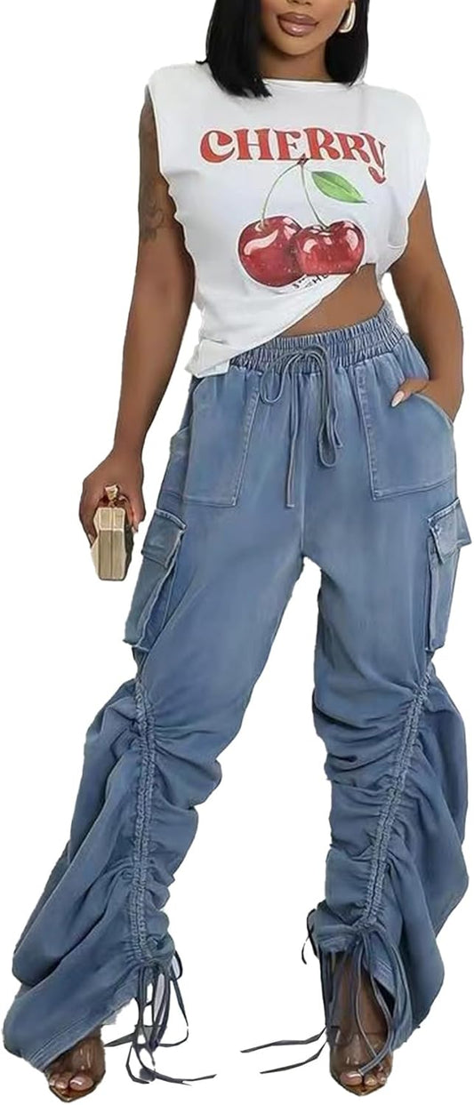 Women's Cargo Jeans High Waisted Straight Leg Baggy Winkled Bow Tie Jeans Wide Leg Denim Pants with Drawstring Blue