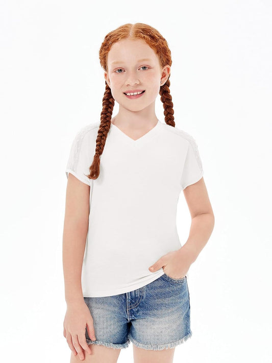 Haloumoning Girls V Neck T-Shirts Kids Summer Swiss Dot Short Sleeve Tops Cute Fashion Tees 5-14 Years