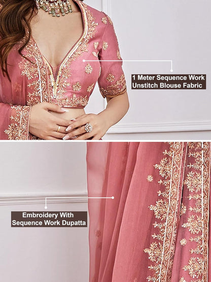 TRENDMALLS Satin Embroidery Sequence Work Lehenga Choli Unstitch Blouse with Dupatta For Women (L257-DarkPeach-FreeSize)