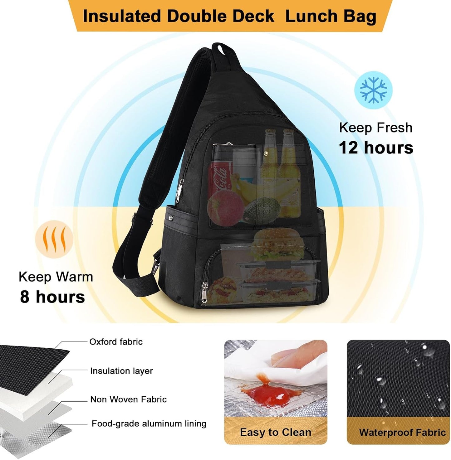 Crossbody Lunch Backpack, Double Deck Large Insulated Lunch Box for Men Women Adult, Leakproof Lunchbox with Side Pokets for iPad, Small Cooler Bag for Work Office Hiking Beach Picnic, Black