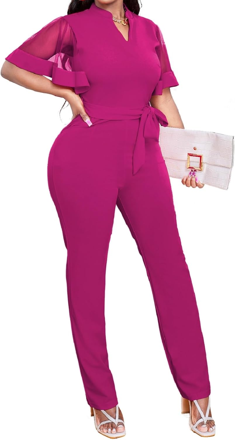 Oxgmoky Women's Jumpsuits Elegant Business V Neck Zipper Long Sleeve Sexy Strap Straight Long Pants Rompers With Pockets