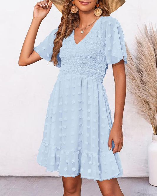BTFBM Womens Beach Vacation Dress Summer 2025 V Neck Short Sleeve Smocked Swiss Dot Cute Ruffle Casual Fall Mini Dresses