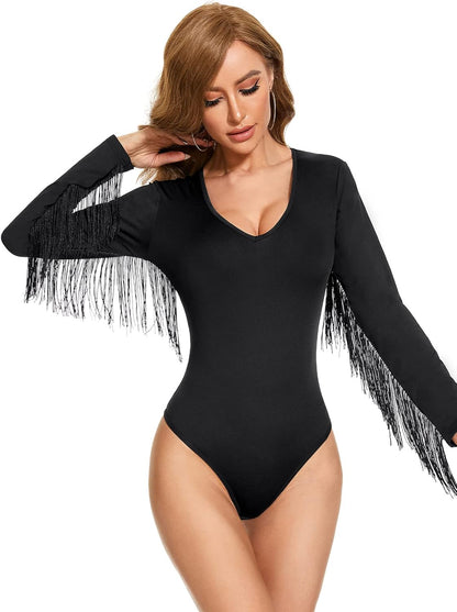 Komorebi Women's Fringe Trim V Neck Long Sleeve Bodysuit Top Cowgirl Outfits Disco Outfit Bodycon Leotard Fitted Stretchy Top