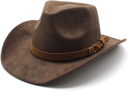 Unisex Western Suede Cowboy Cowgirl Hat Classic Wide Brim Fedora Hat for Men &Women