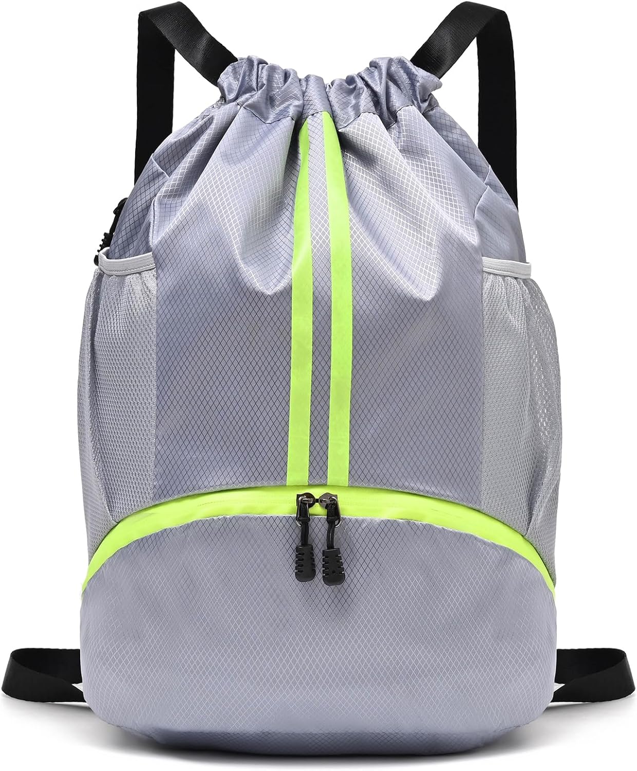Drawstring Gym Bag for Men, Waterproof Drawstring Backpack for Women, Swim with Shoes Compartment, Pull String Sport Bag for Soccer and Basketball. (Grey)