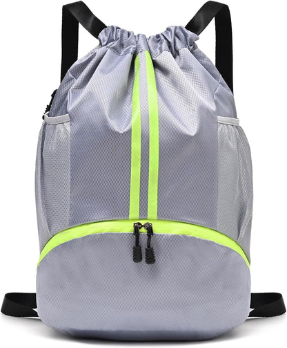 Drawstring Gym Bag for Men, Waterproof Drawstring Backpack for Women, Swim with Shoes Compartment, Pull String Sport Bag for Soccer and Basketball. (Grey)