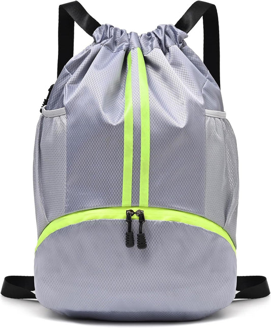 Drawstring Gym Bag for Men, Waterproof Drawstring Backpack for Women, Swim with Shoes Compartment, Pull String Sport Bag for Soccer and Basketball. (Grey)