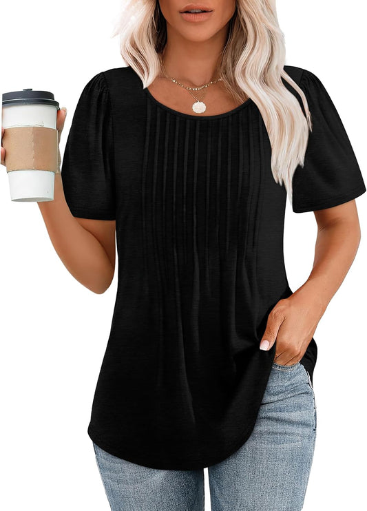 OFEEFAN Womens T Shirts Short Sleeve Pleated Dressy Casual Scooped Neck Summer Tops Blouses