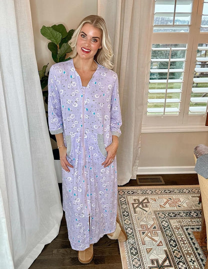 Ekouaer Women Zipper Robe 3/4 Sleeves Loungewear Dress Full Length Sleepwear Pockets Housecoat Nightgown Long Bathrobe