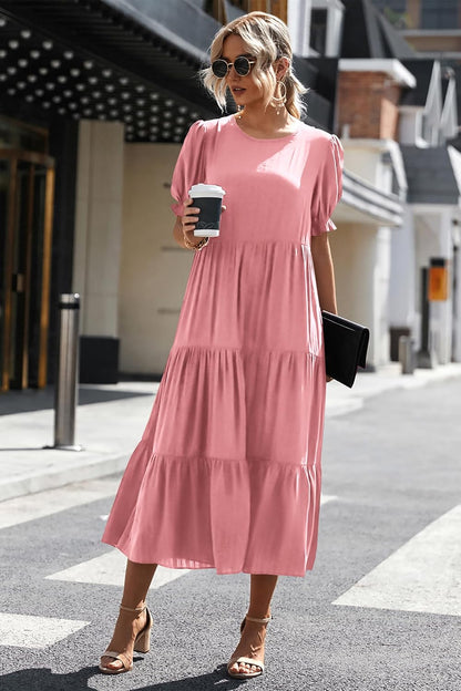 PRETTYGARDEN Summer Dresses for Women 2025 Casual Floral Boho Midi Sun Dress Puff Short Sleeve Flowy Beach Vacation Sundress