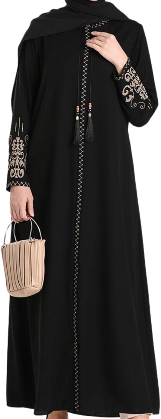 Women's Embroidered Sleeves Abaya and Embroidered On The Side of The Zipper Long Sleeve Floor Length Turkish Fashion