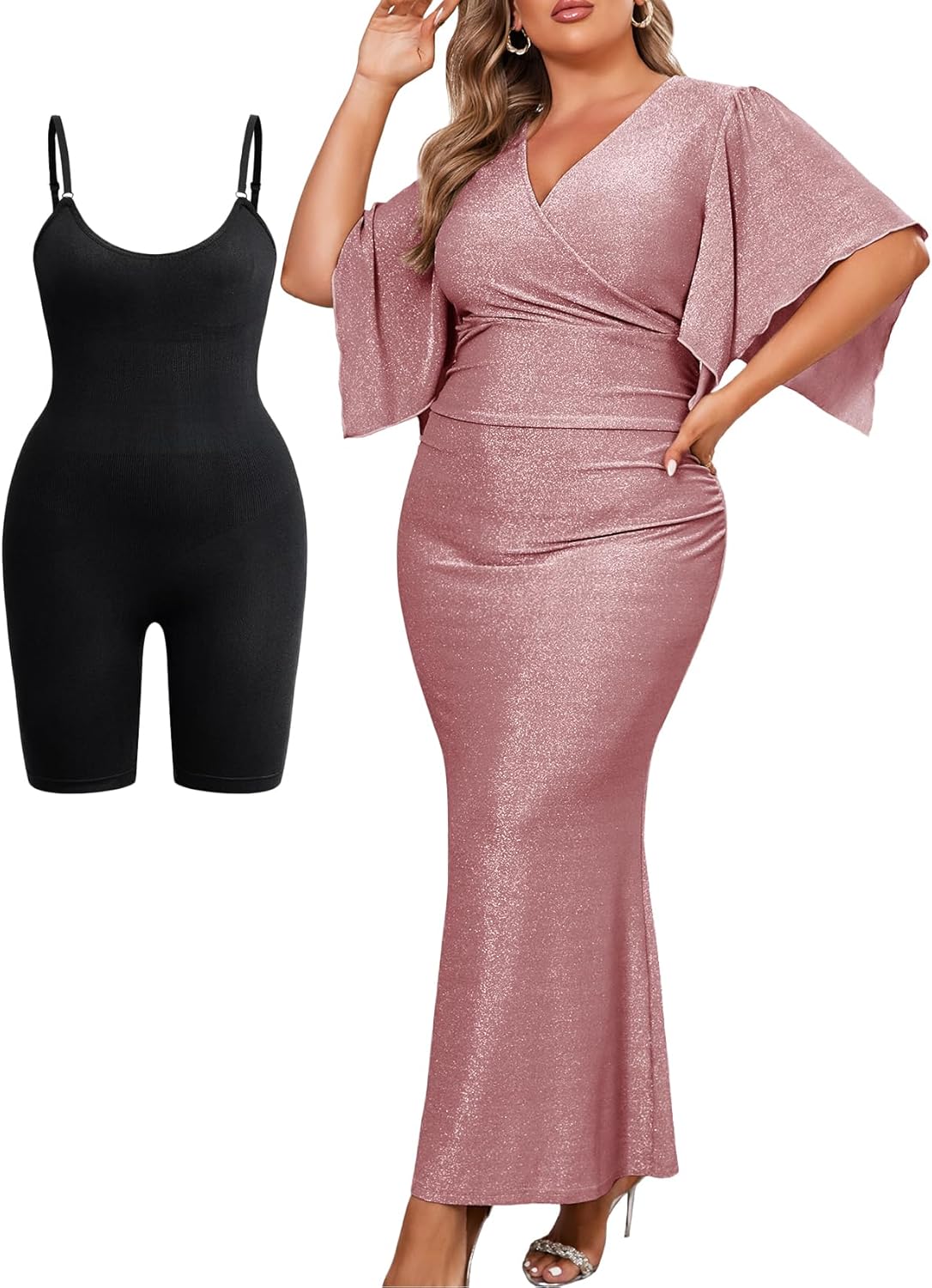 ZOMVA Plus Size Maxi Sparkly Dress Formal Evening Gown Cocktail Prom Glitter V-Neck Wrap Handkerchief Sleeves