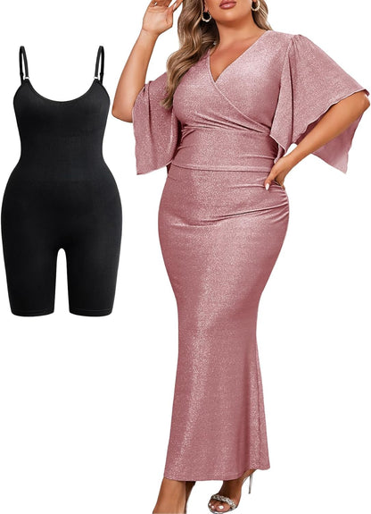 ZOMVA Plus Size Maxi Sparkly Dress Formal Evening Gown Cocktail Prom Glitter V-Neck Wrap Handkerchief Sleeves