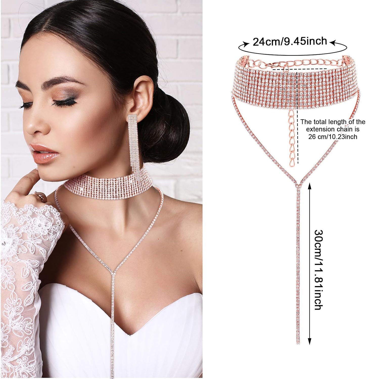 Hicarer 3 Pieces Women Rhinestone Jewelry Set Rhinestone Tassel Choker Necklace Fringe Bracelet Crystal Dangling Earring for Wedding Bridal Party