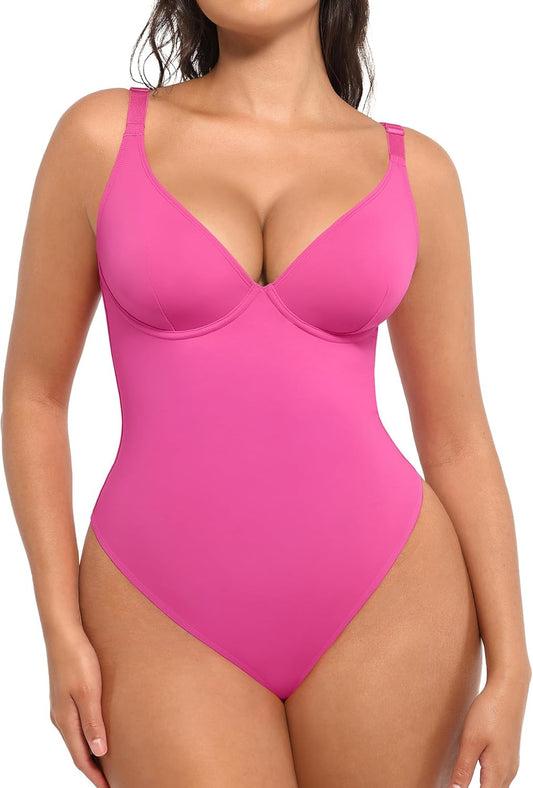 FeelinGirl Shapewear Bodysuits for Women Tummy Control Body Suits Deep V Neck Thong Body Shaper