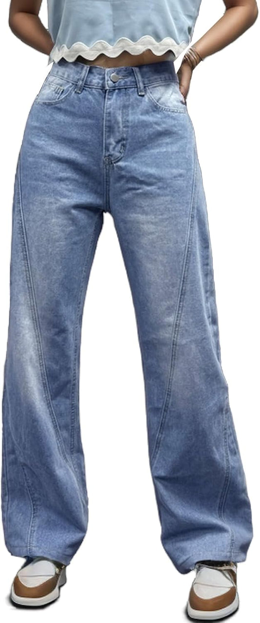 Vintage Mid Waist Jeans for Women Boyfriend Mom Wide Leg Jean Baggy Straight Leg Relaxed Fit Long Denim Pants