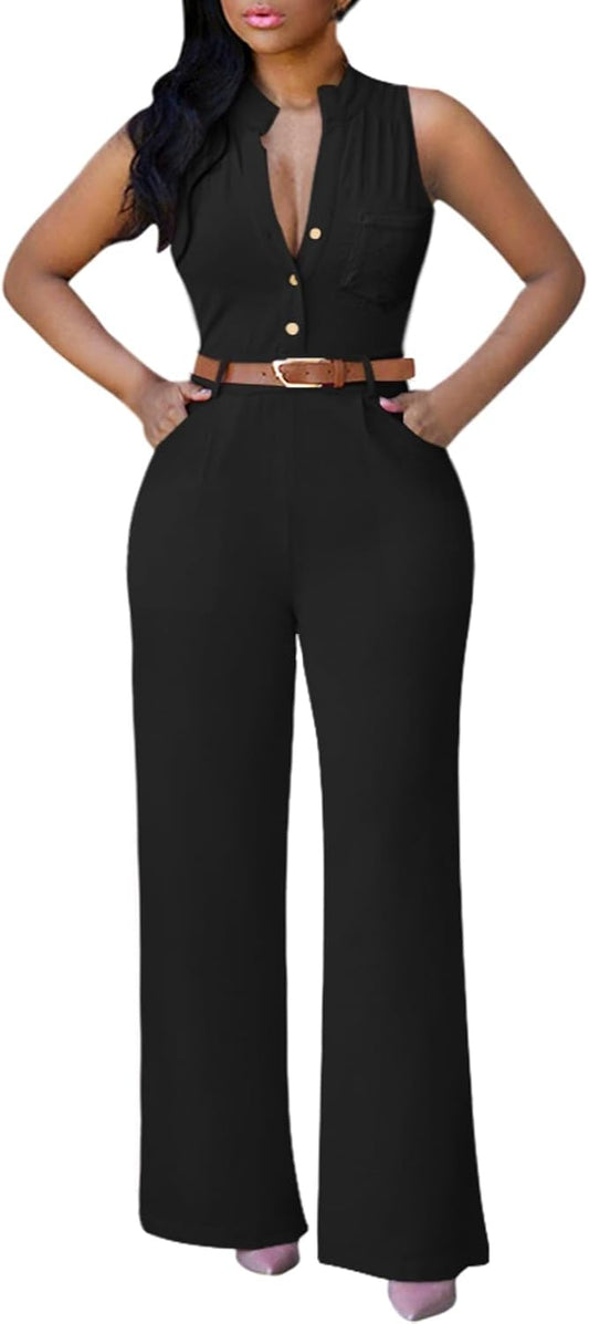 Pink Queen Women Jumpsuits V Neck Button Down Sleeveless Wide Leg Long Pants Romper