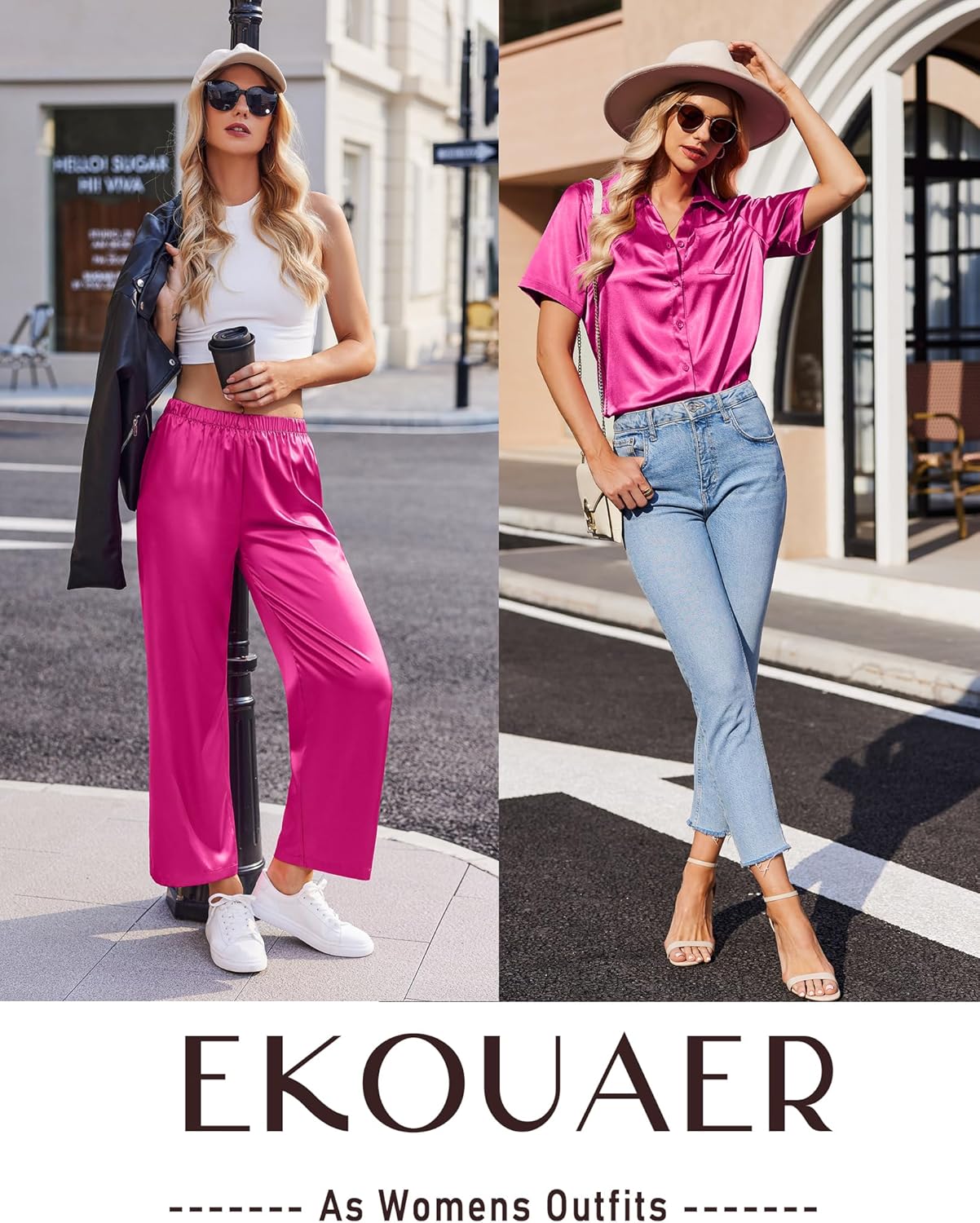 Ekouaer Silk Pajamas for Womens Set 2 Piece Satin Pjs Soft Button Down Sleepwear Wide Leg Long Pants with Pockets