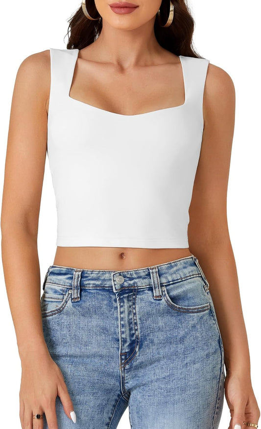 LYANER Women's Summer Crop Tops Square Neck Sleeveless Tank Top Sexy Cami Shirts White Medium