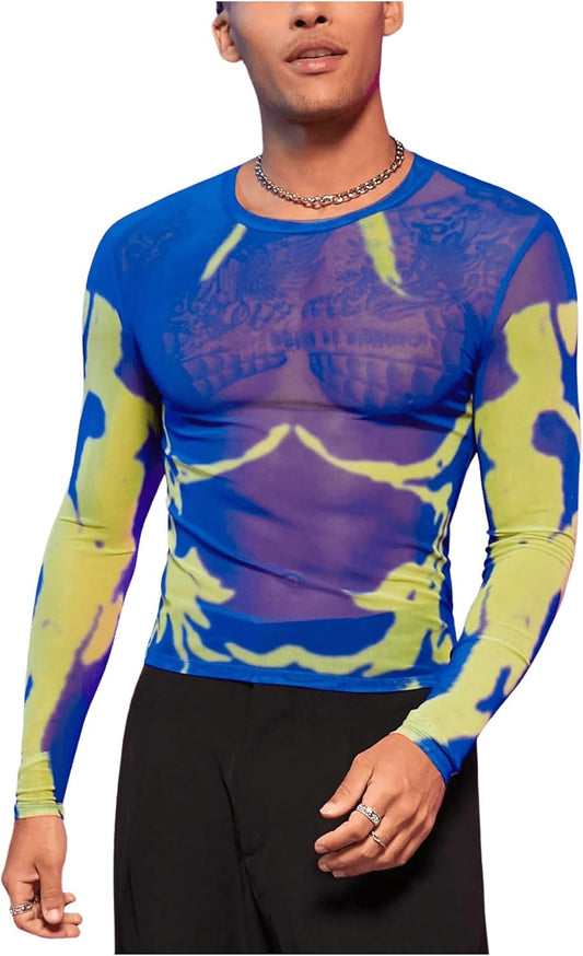 WDIRARA Men's Mesh Shirts Long Sleeve Rave See Through Tee Crewneck Party Club Wear Top