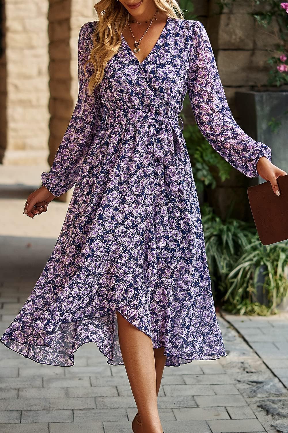 PRETTYGARDEN Women's Floral Boho Dress Fall Long Sleeve Wrap V Neck Ruffle Flowy Maxi Spring Wedding Guest Vacation Dresses