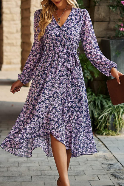 PRETTYGARDEN Women's Floral Boho Dress Fall Long Sleeve Wrap V Neck Ruffle Flowy Maxi Spring Wedding Guest Vacation Dresses
