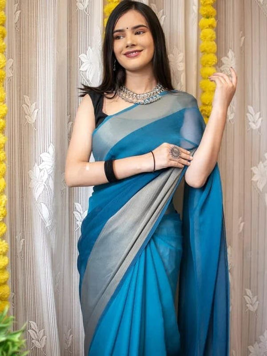 Trendy Ready to wear saree1min ready sari Pre draped pre-stitched saree with Unstitched Blouse