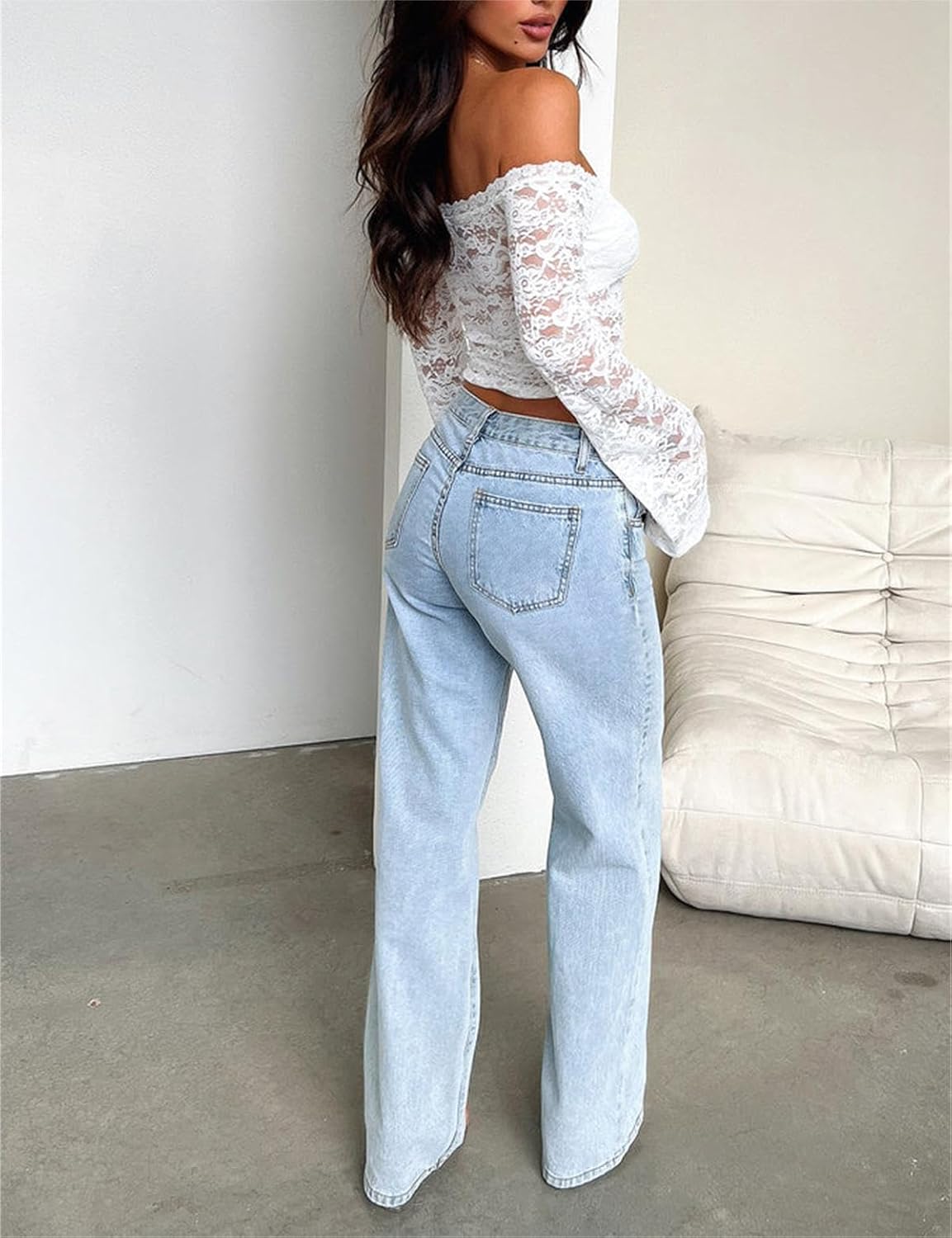 LOFAAC Women Off Shoulder Floral Lace Going Out Crop Tops Sexy Slim Long Sleeve See Through Backless Crop Blouse Shirts