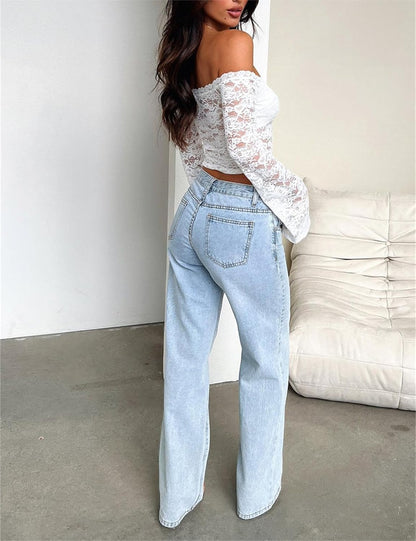 LOFAAC Women Off Shoulder Floral Lace Going Out Crop Tops Sexy Slim Long Sleeve See Through Backless Crop Blouse Shirts