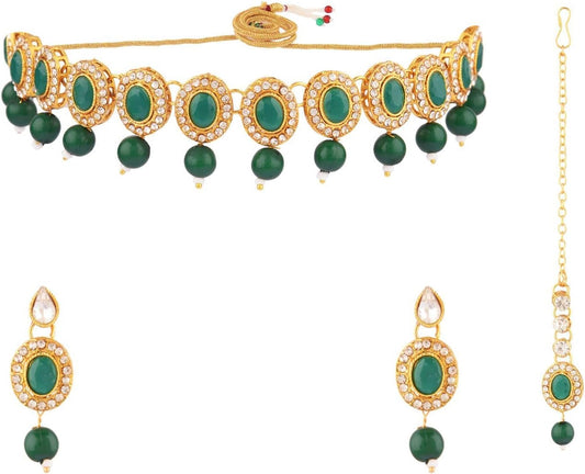 Efulgenz Crystal Indian Jewelry Choker Kundan Crystal Faux Pearl Necklace Earrings Maang Tikka Head Chain Bollywood Wedding Bridal Set for Women