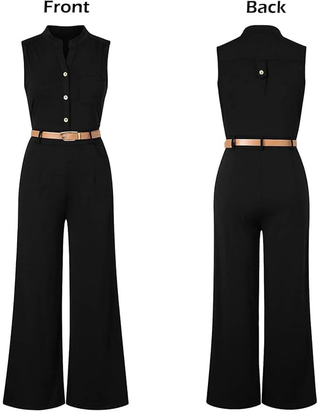 Pink Queen Women Jumpsuits V Neck Button Down Sleeveless Wide Leg Long Pants Romper