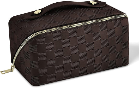 Premium PU Cosmetic Bag Travel Bag, Large Capacity Layered Cosmetic Bag Zipper Bag, Portable Travel Organizer Multifunctional Waterproof Bag, Easy to Carry (Checkerboard - Brown)