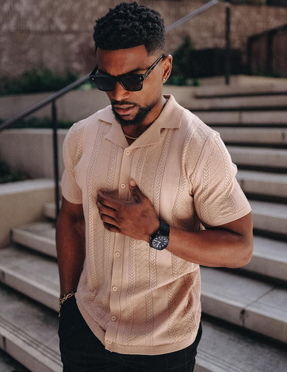 COOFANDY Men's Knit Shirts Vintage Short Sleeve Button Down Shirt Casual Summer Beach Shirt